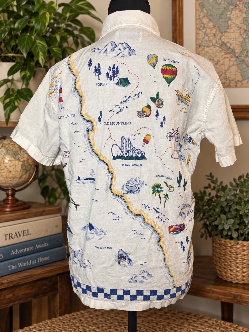 Old Navy XL 14-16 Adventure Map Print Cotton Linen Camp Shirt Vacation